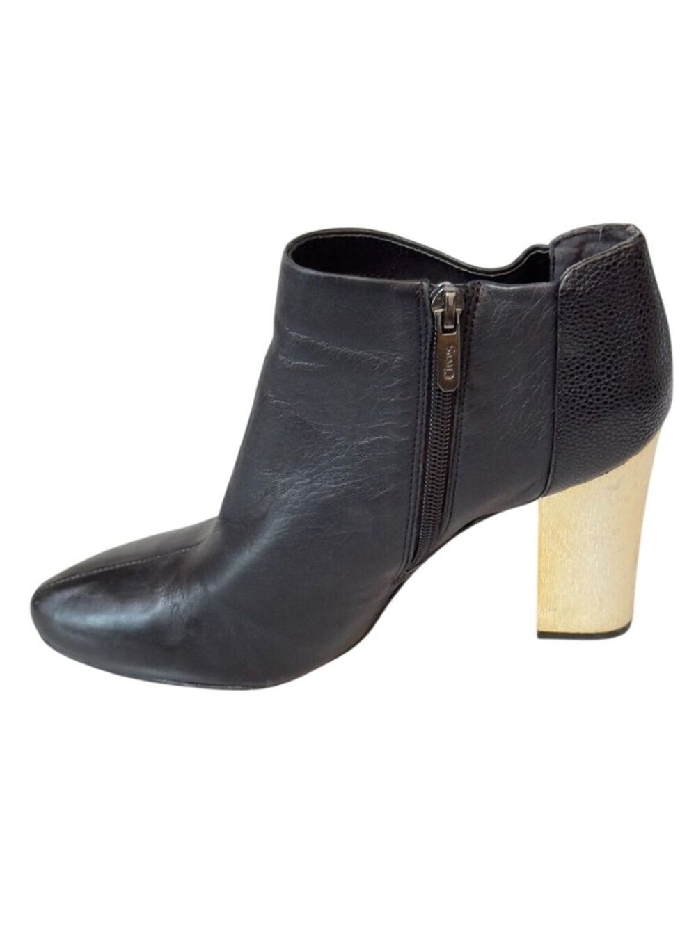 CIRCUS by Sam Edelman Shoes Black Leather Gold Block Heel Bootie Womans 8M - Picture 7 of 12